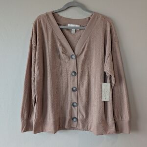 French Laundry Cable Knit Button Front Cardigan Sweater Taupe Size L Long Sleeve